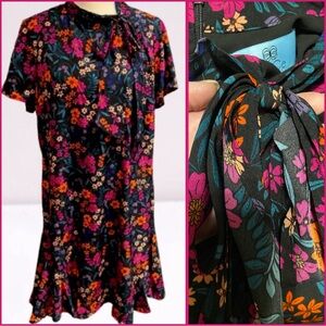 CeCe Black Shift Dress with pink and Orange Floral Print and Bow at Neck